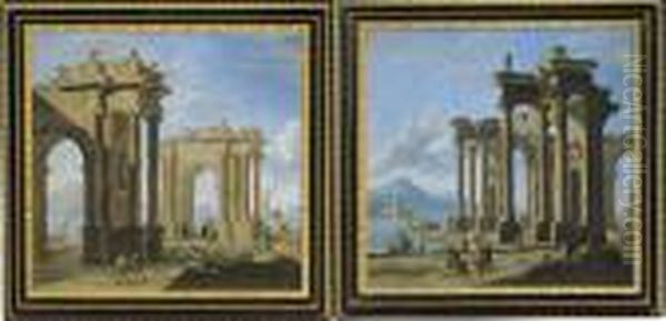 Lotto Unico Di Due Dipinti: <architettura Con Arco Trionfale E Oil Painting by Gennaro Greco, Il Mascacotta