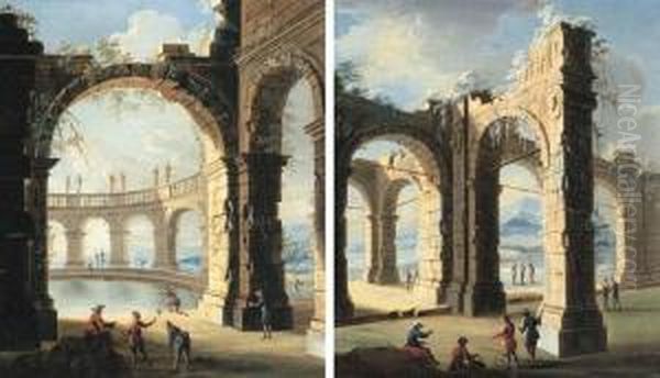 Figures Amongst Classical Ruins Oil Painting by Gennaro Greco, Il Mascacotta