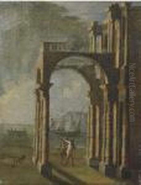 Portico Con Astanti Presso Una 
Marina; E Astanti Presso L'ingressodi Una Chiesa E Marina In Lontananza Oil Painting by Gennaro Greco, Il Mascacotta