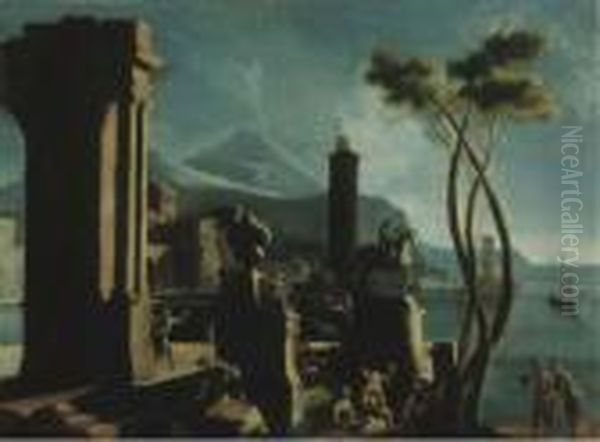 Rovine Classiche Presso La Riva Con Sculture E Astanti Ed Ilvesuvio In Lontananza Oil Painting by Gennaro Greco, Il Mascacotta