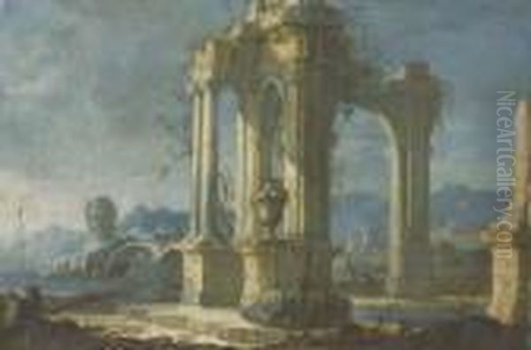 Un Temple En Ruines Pres D'un Rivage Oil Painting by Gennaro Greco, Il Mascacotta