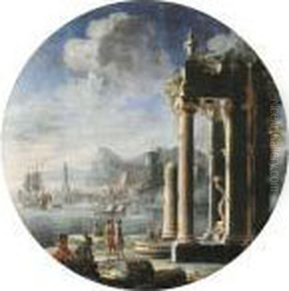 A Capriccio Of Architectural 
Ruins With Figures By A Fountain, A Dutch Frigate And Other Shipping In A
 Bay Beyond Oil Painting by Gennaro Greco, Il Mascacotta