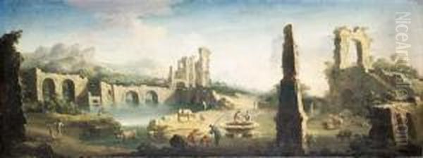 An Extensive River Landscape With Herdsmen And Cattle Among Classical Ruins Oil Painting by Gennaro Greco, Il Mascacotta