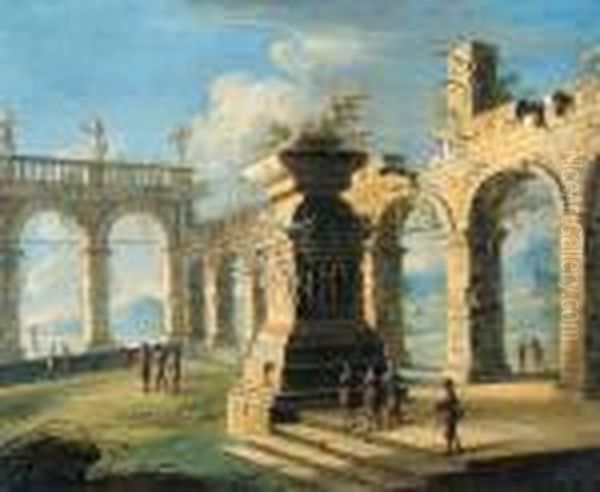 An Architectural Capriccio With Classical Ruins And Figures Oil Painting by Gennaro Greco, Il Mascacotta