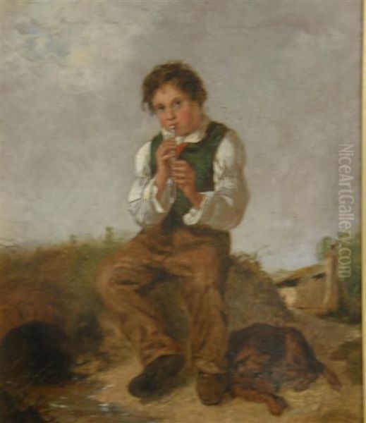 Young Boy Playing A Penny Whistle With Attendant Dog Oil Painting by Alfred H. Green