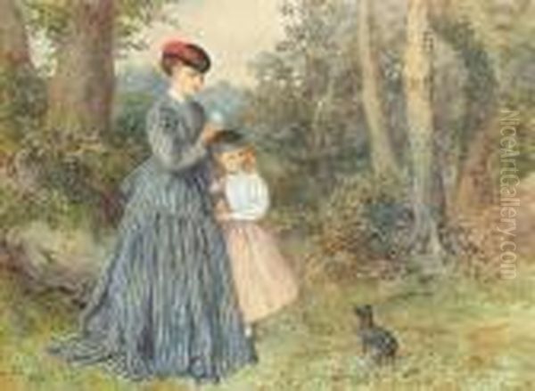 Mother And Daughter With Dog In A Woodland Oil Painting by Charles Green