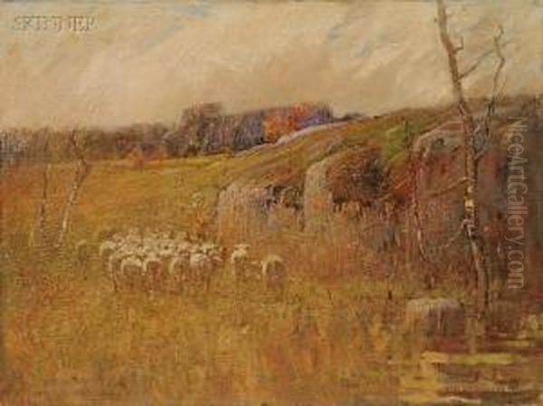 View With Sheep/a Landscape Sketch Oil Painting by Charles Edwin Lewis Green