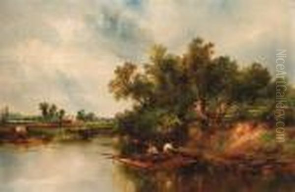 Anglers On A Barge In A River Landscape Oil Painting by John Kenneth Green