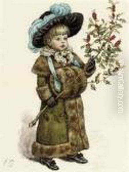 A Young Girl Dressed Up For 
Christmas, Wearing A Fur Coat And Muffand Carrying A Holly Branch Oil Painting by Kate Greenaway