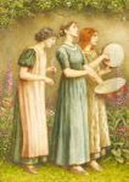 Three Women In A Garden Making Music Oil Painting by Kate Greenaway