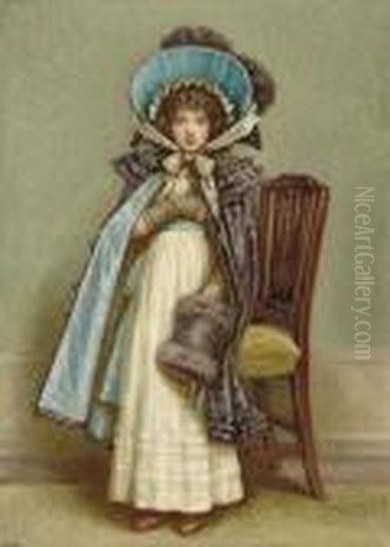 Original Watercolor Of Girl In A
 Longdress, Blue And Grey Cape And Hat, Posed Against A Chair. Oil Painting by Kate Greenaway