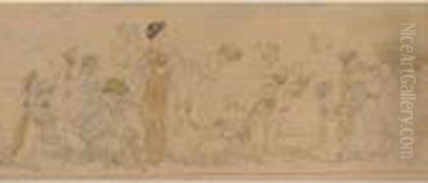 Pencil And Watercolour Drawing Of A Procession Of Female Musicians Oil Painting by Kate Greenaway