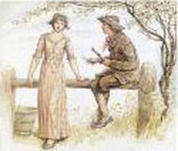 Two At A Stile Oil Painting by Kate Greenaway