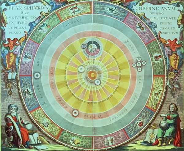 The Copernican System,'Planisphaerium Copernicanum', c.1543, devised by Nicolaus Copernicus (1473-1543) from 'The Celestial Atlas, or the Harmony of the Universe' Oil Painting by Andreas Cellarius