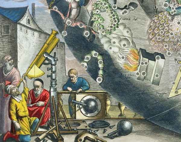 Astronomers looking through a telescope, detail from a map of the constellations, from 'The Celestial Atlas, or The Harmony of the Universe' Oil Painting by Andreas Cellarius