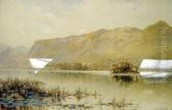 Lakeland View With Reeds To The Fore And Craggy Hills Beyond Oil Painting by Thomas Greenhalch