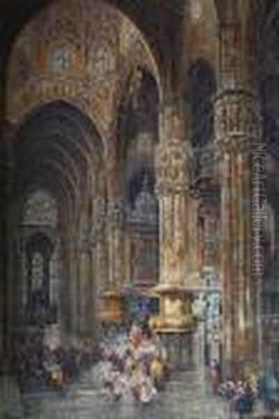 A Continental Cathedral Interior Withprocession Oil Painting by Thomas Greenhalch