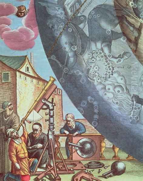 Astronomers looking through a telescope, detail from a map of the constellations from 'The Celestial Atlas, or The Harmony of the Universe' Oil Painting by Andreas Cellarius