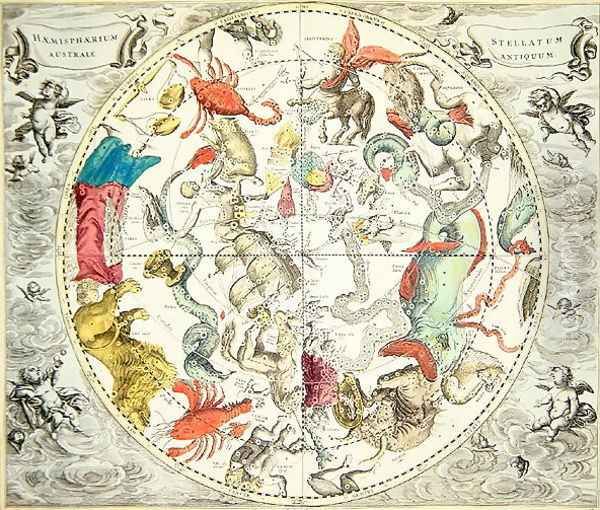 Map of the Southern Hemisphere, from 'The Celestial Atlas, or The Harmony of the Universe' 1660 Oil Painting by Andreas Cellarius