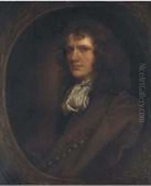 Portrait Of A Gentleman, 
Half-length, In A Brown Coat And White Cravat, In A Sculpted Cartouche Oil Painting by John Greenhill