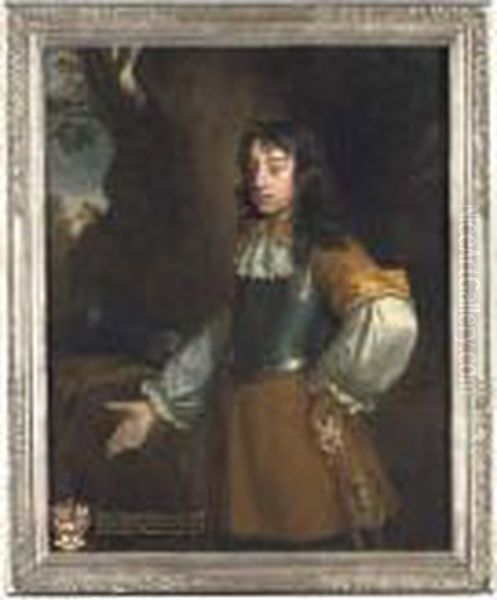 Portrait Of Henry Fermor, 
Three-quarter-length, In A Buff Coat Andbreastplate, Holding A Cane, By A
 Tree Oil Painting by John Greenhill