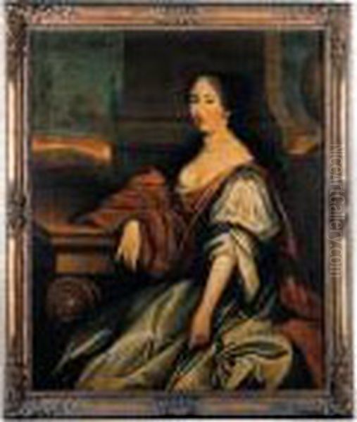 Portrait Of A Lady Seated 
Three-quarter Length, In A White Dressand A Brown Wrap, Before A Pillar A
 Landscape Beyond Oil Painting by John Greenhill