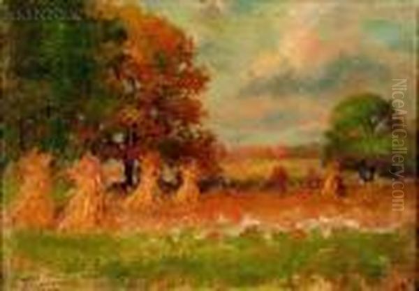 Field With Haystacks Oil Painting by Joseph H. Greenwood