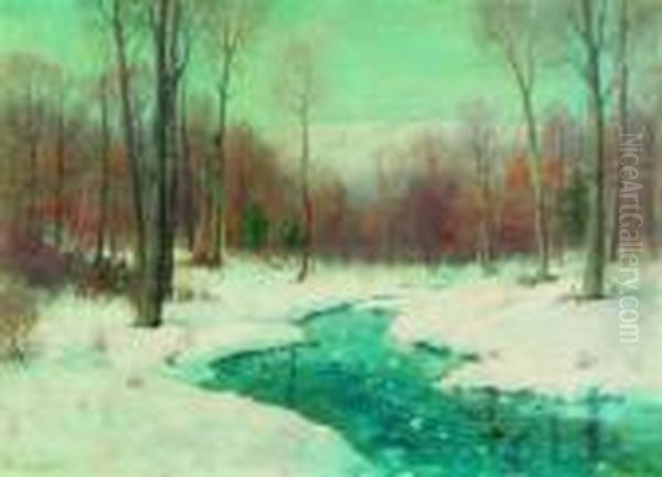 A Wintry Woodland Oil Painting by Joseph H. Greenwood