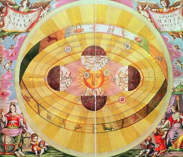 Scenographia: Systematis Copernicani Astrological Chart, c.1543, devised by Nicolaus Copernicus (1473-1543) from 'The Celestial Atlas, or the Harmony of the Universe' Oil Painting by Andreas Cellarius