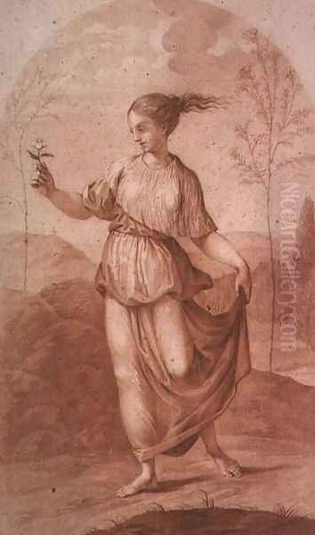 A Young Woman walking bare-footed in a Landscape Oil Painting by Giovanni Battista Cipriani