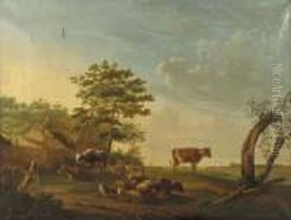 Cattle, Sheep And Goats In A 
Landscape, A Cowherd Conversing With A Peasantwoman Near A Farmhouse 
Beyond Oil Painting by Gillis Smak Gregoor