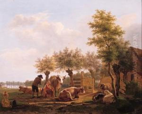 A Traveller Conversing With A Milkmaid In A Farmyard, Insummer Oil Painting by Gillis Smak Gregoor