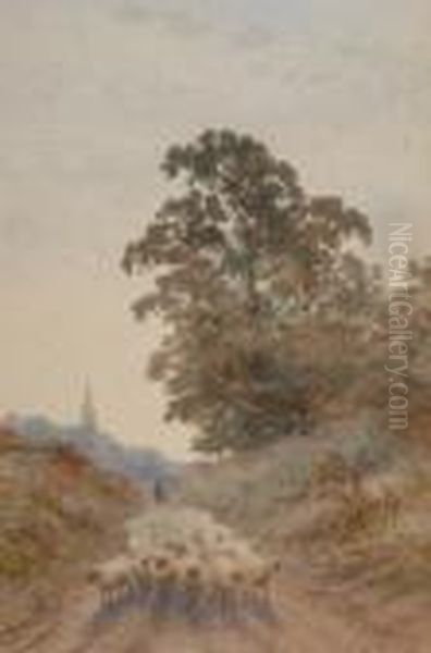 Shepherd And Flock On A Country Lane Oil Painting by George Gregory