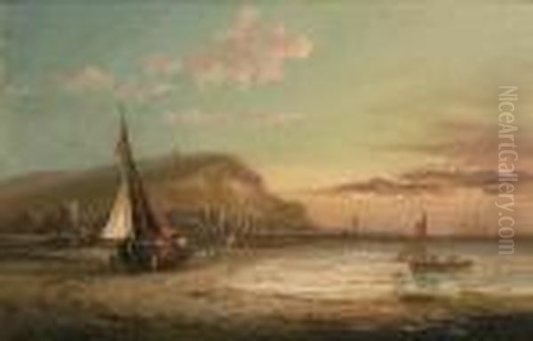 A Busy Shipping Lane; Low Tide Oil Painting by George Gregory