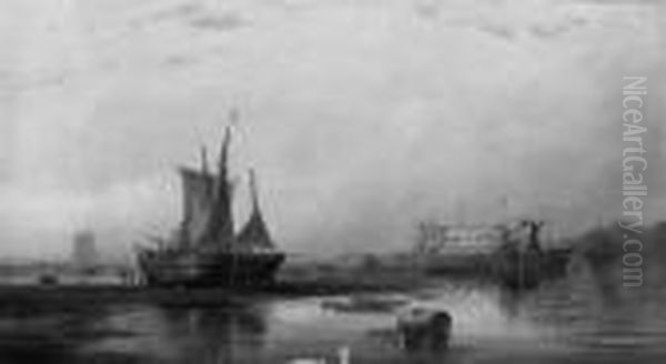 Beached Vessels And Hulks In The Upper Reaches Of Portsmouthharbour Oil Painting by George Gregory