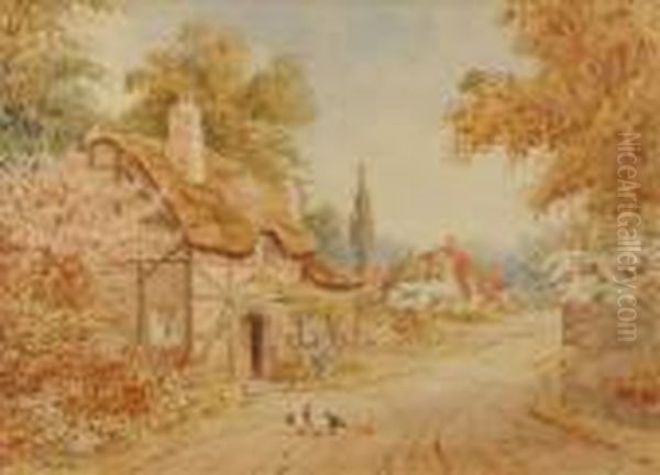 Summer Villagestreet With Thatched Cottage Oil Painting by James Greig