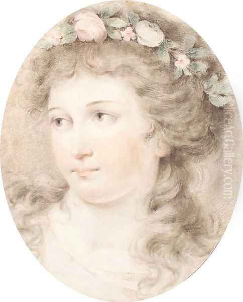 Head of a girl crowned with flowers Oil Painting by Giovanni Battista Cipriani