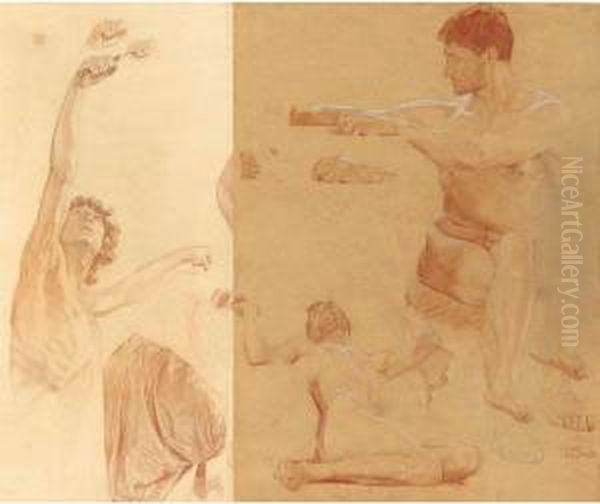 Study Of A Man With Raised Arms 
And A Study For Prometheus And Athena Creating Man: Two Works Oil Painting by Otto Greiner