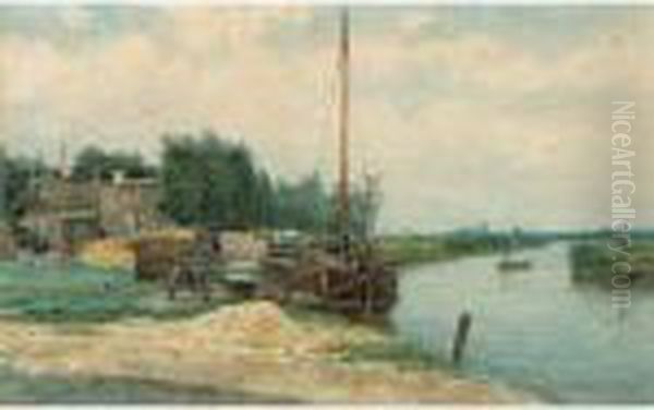 Moored Boats On The Eem, Baarn Oil Painting by Johan Conrad Greive