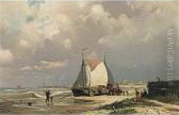 Bomschuiten On The Beach Oil Painting by Johan Conrad Greive