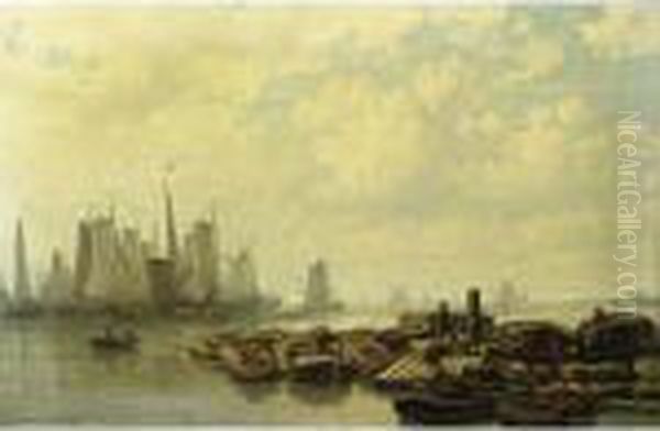 Fishing Boats At Anchor On The Ij Near Amsterdam Oil Painting by Johan Conrad Greive