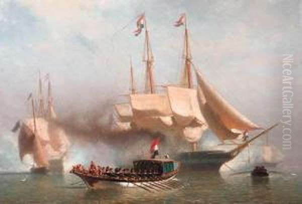 The Royal Barge Receiving A Salute By The Royal Yacht Upondisembarkement Oil Painting by Johan Conrad Greive