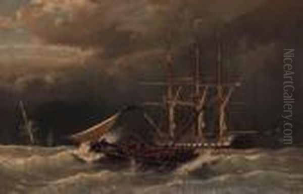 A Three-master In A Storm Oil Painting by Johan Conrad Greive