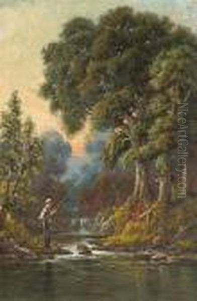 A Boy Fishing In A Calm Stream Oil Painting by Deidrich Henry Gremke