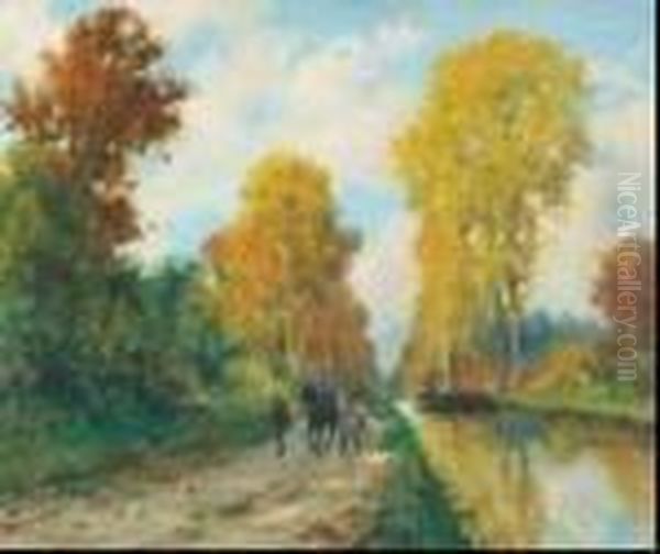 (19th/20th Century), French Glorious September, Canal Du Loing Oil Painting by Henry, Henri Grenier