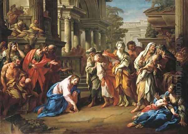 Christ and the Woman taken in Adultery ('Let he who is without sin cast the first stone') Oil Painting by Sebastiano Conca