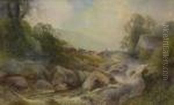 Rocky Stream With Cattle Crossing A Stone Bridge Oil Painting by Frank Gresley