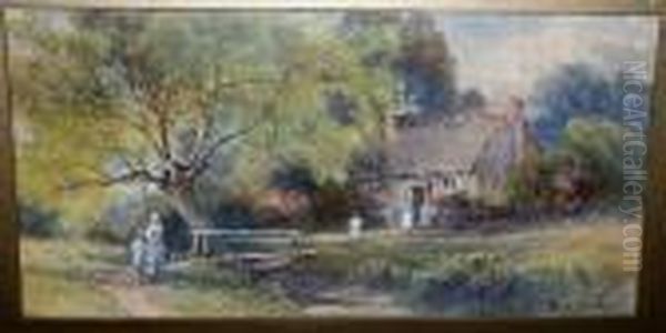 Figures Before A Thatched Cottage Oil Painting by Frank Gresley