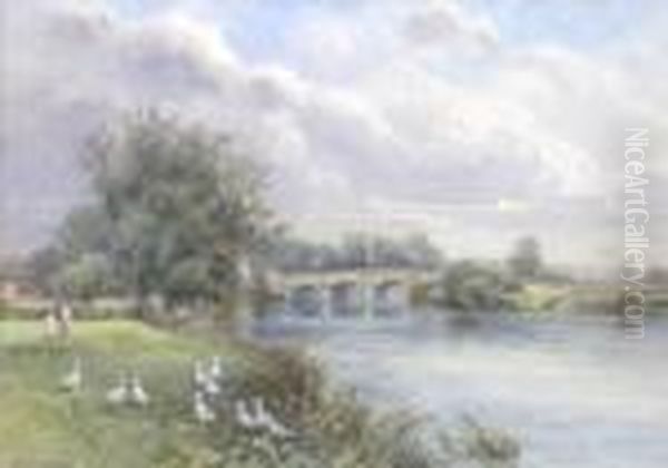 A Bridge Over The River Trent, With Figures And Ducks In Ameadow Oil Painting by Frank Gresley