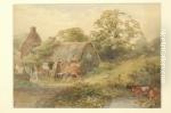 Farm House And Cattle Watering Oil Painting by Frank Gresley